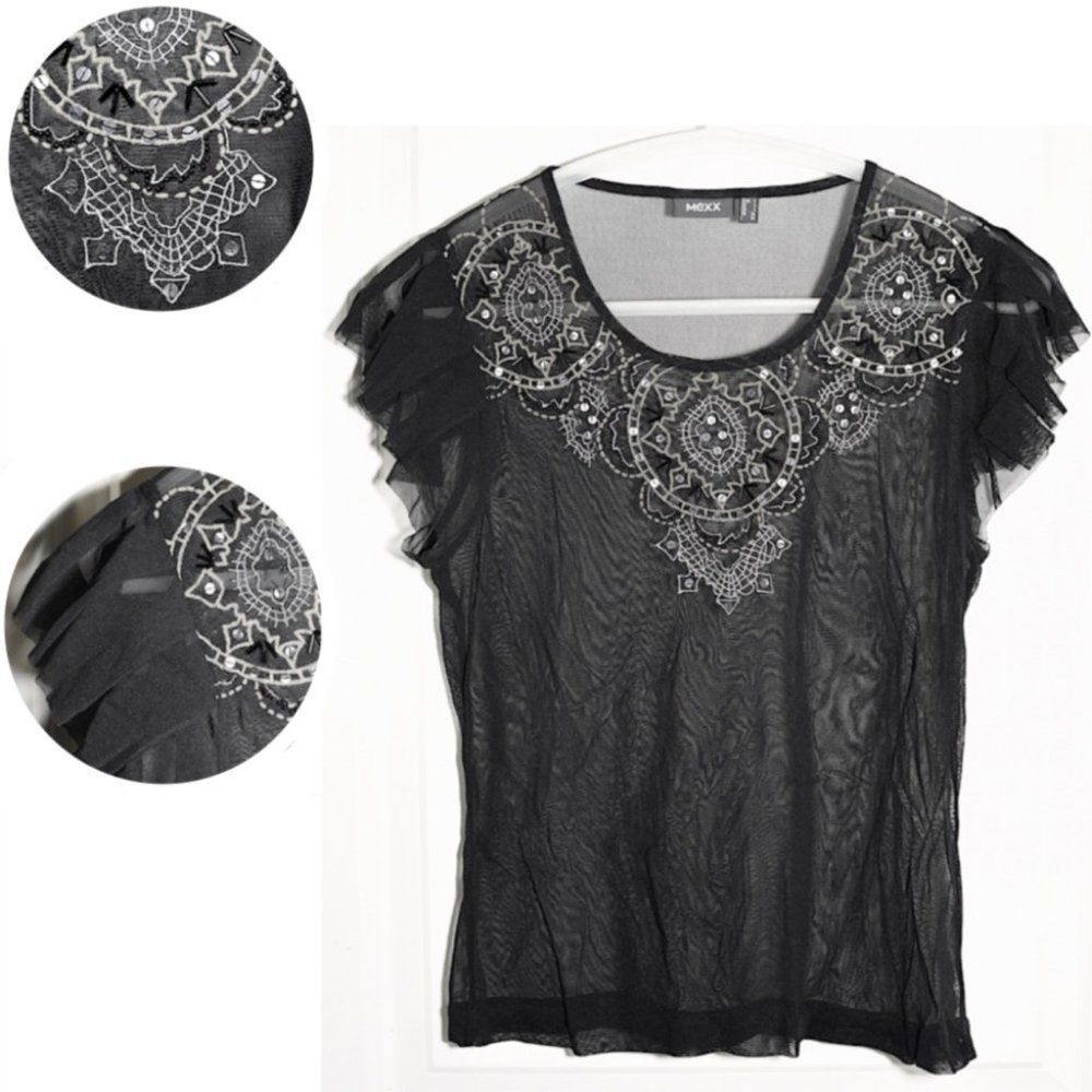 Mexx Embellished Box-Pleated-Cap-Sleeve Mesh Top